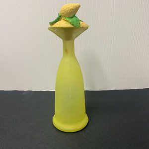 Frosted  Canary Yellow Glass Vase with Ceramic Lemon Topper 7 1/2"